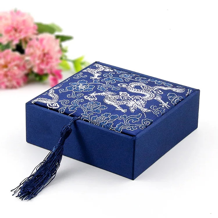 Tassel Square Chinese Silk Fabric Box Bangle Bracelet Gift Box Packaging Women Mens Jewelry Box Storage Case 12x12x4cm