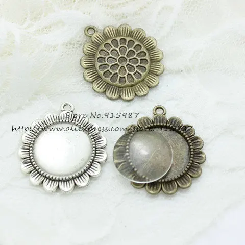 

10set two color Metal Alloy Sunflower 31*34mm Fit 20mm dia Round Cabochon Pendant Settings Jewelry+Clear Glass Cabochons 7C1187