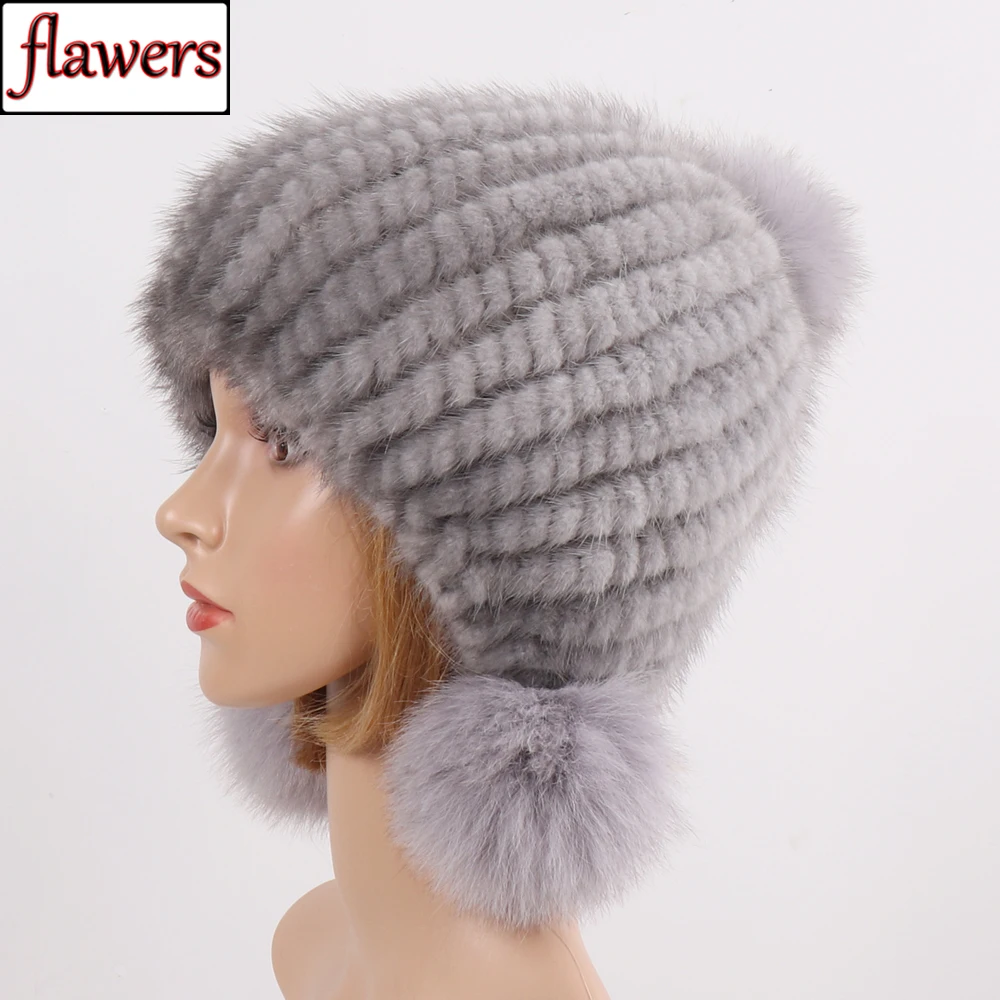 

2024 Fashion Women Real Mink Fur Hat Natural Mink Fur Beanies Fur Caps Fashion Lady Elastic Hat Winter Skullies Fox Fur Pompoms