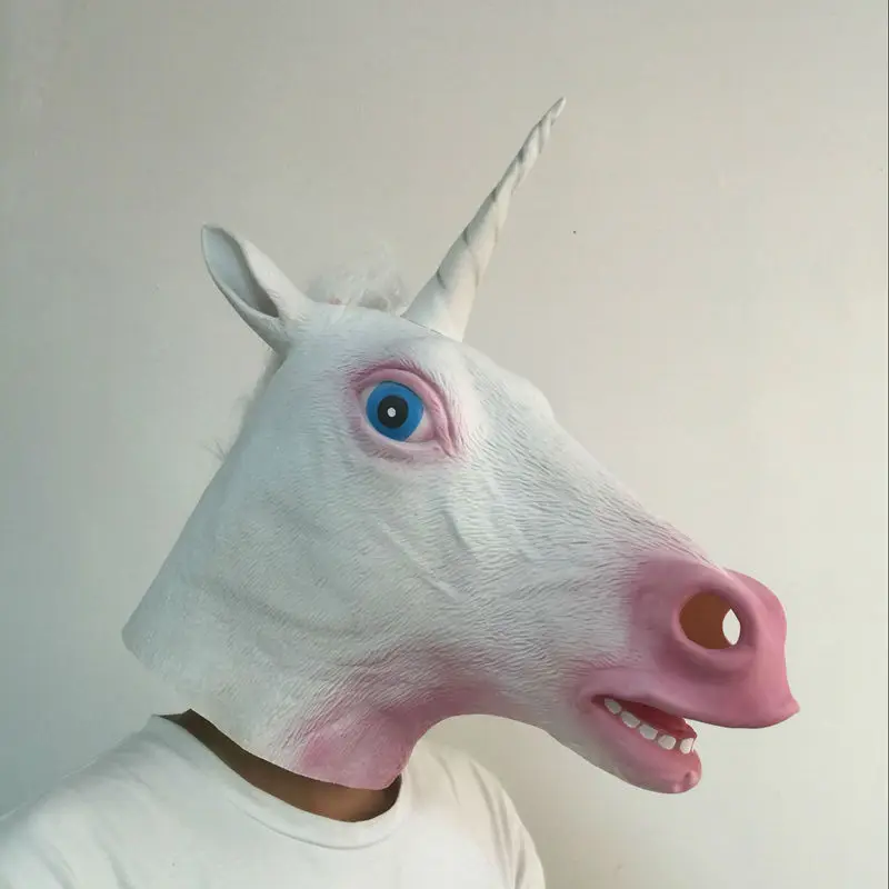 White Animal Mask  Scary Full Head Unicorn Horse Latex Masks Creepy Halloween Costume Party   Mythology Fancy Props Hot Sale