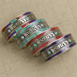 BB-460 Tibetan Mantras Bangles Copper inlaid Colorful Stone Open Cuff OM MANI PAD ME HUM