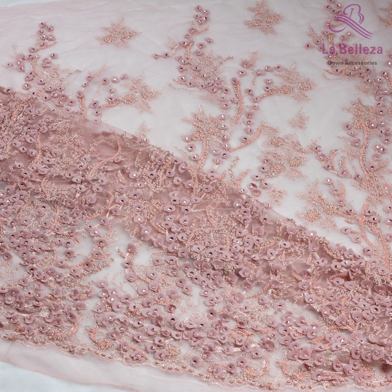 La Belleza 1 yard  dirty pink heavy 3D flowers handmade beading wedding/evening dress lace fabric SNDD1801