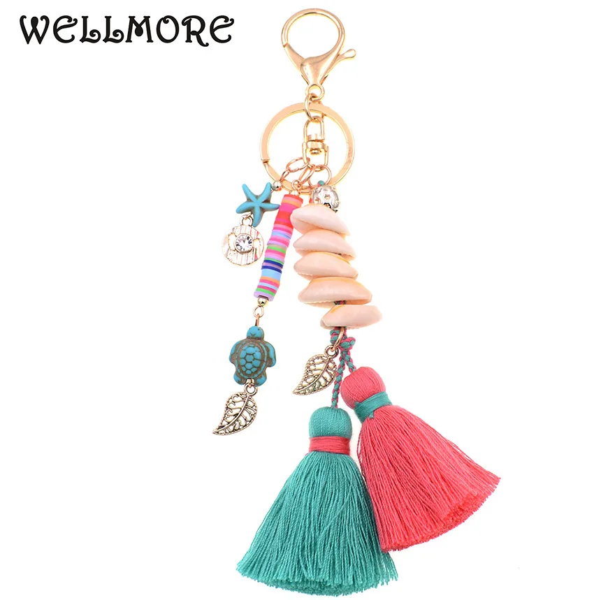 WELLMORE brelok w stylu BOHO, ręcznie robiony z muszli z długim frędzlem, breloczek ze stopu do kluczy dla kobiet i dziewcząt, modna biżuteria do torebki.