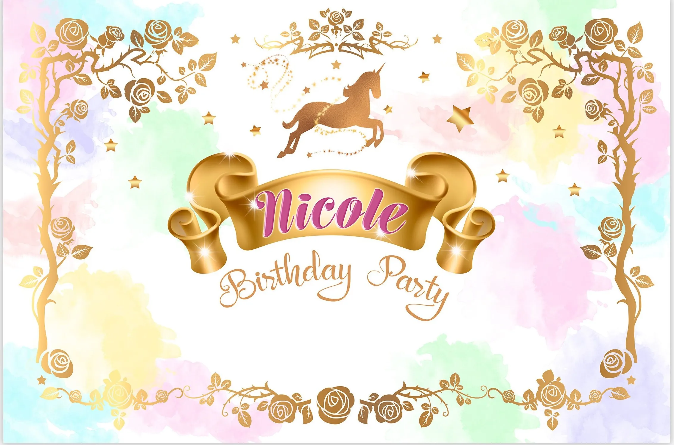 

Custom Gold Magical Unicorn Floral Banner Watercolor Baby Shower backdrop Computer print birthday backgrounds