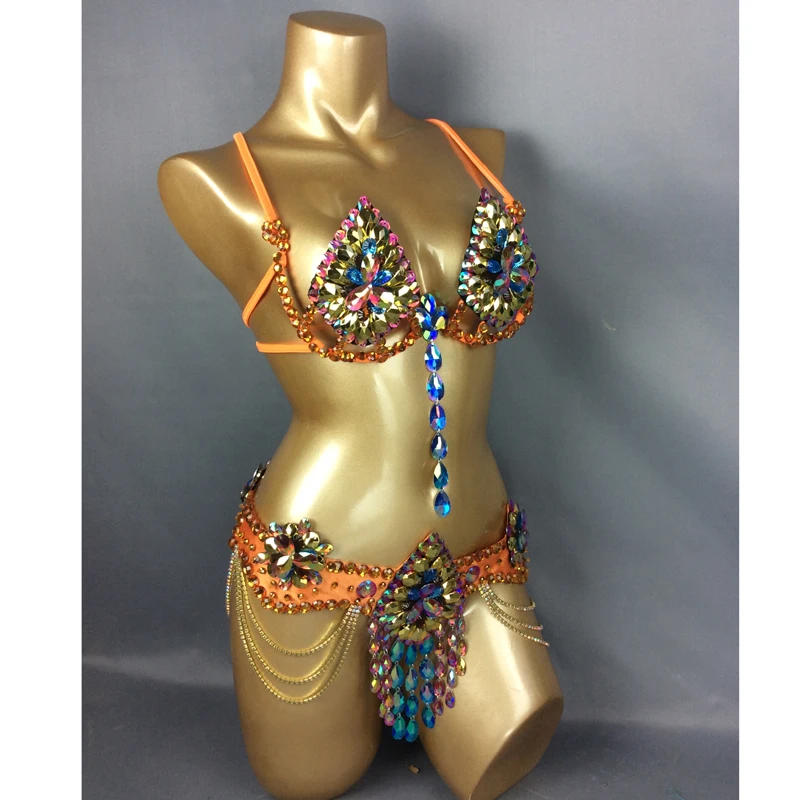 New Sexy Samba Carnival Wire Bra & Belt Rainbow stones C014 free shipping