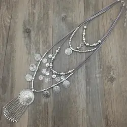 Woman Statement Necklace Bohemian Silver Beads Chain Tassel Pendant Long Necklace for Dress