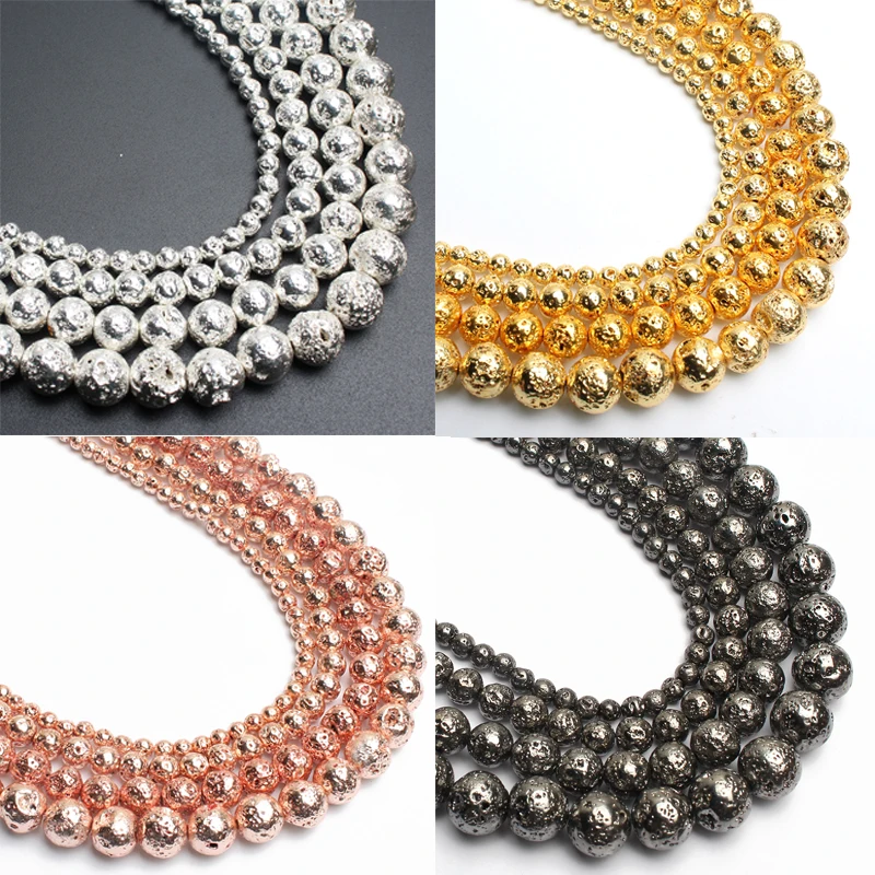 Natural Stone Beads Lava Hematite Rose Gold Black Silver Plated Round Loose Bead For Jewelry Making 15\