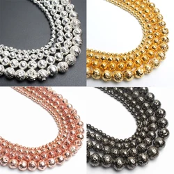Natural Stone Beads Lava Hematite Rose Gold Black Silver Plated Round Loose Bead For Jewelry Making 15
