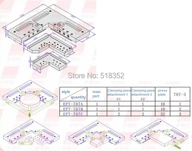 EPT-707 Precision EDM Vise Assembling Modular Fixture , SUS440 Stainless Steel Vise Jig Tools for EDM Wire Cutting Machine