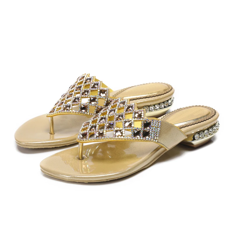 Women Slippers Summer Thick Low Heel Slippers New Luxury Rhinestone Slippers 3.5cm Heel Flip-flops Large Size Slippers