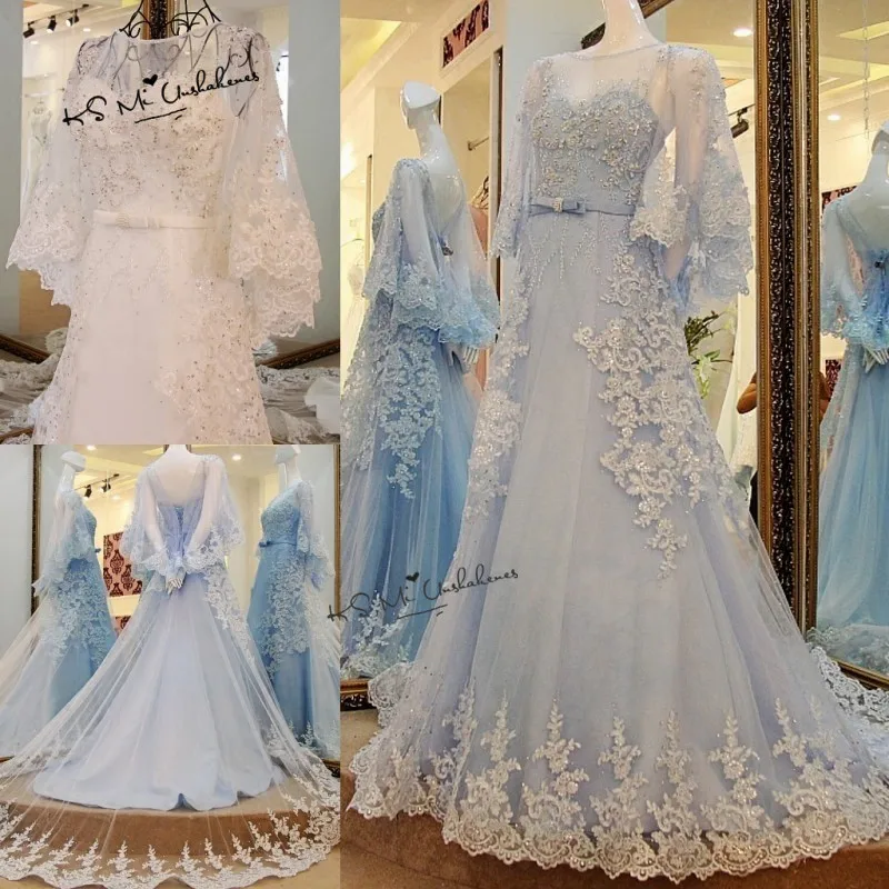 Gaun Pernikahan Biru Gading Boho Gaun Pengantin Renda 2018 Gaun Pengantin Wanita Segaris Gaun Pernikahan Ukuran Plus dengan Manik-manik Jubah Gelinlik