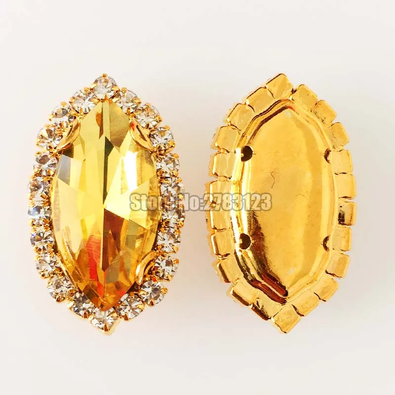 Factory sales golden yellow Gold bottom Crystal button,Horse eye shape AAA+ Glass Crystal sew on loose rhinestones