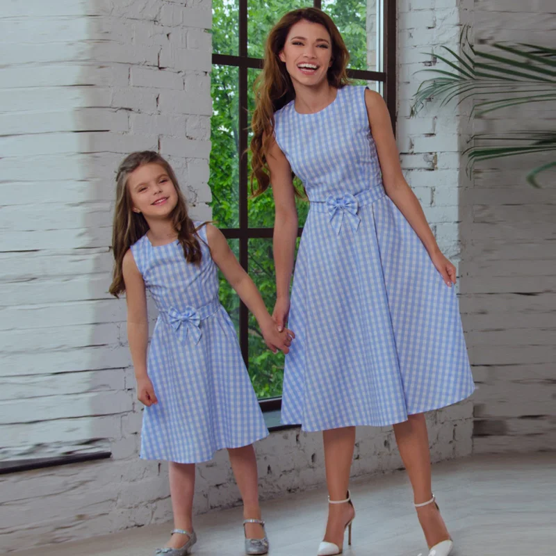 NASHAKAITE Mom and daughter dress Fashion Sundress Sleeveless Plaid Bow-knot Back Zipper Mini Dress Mother and Daughter Clothes