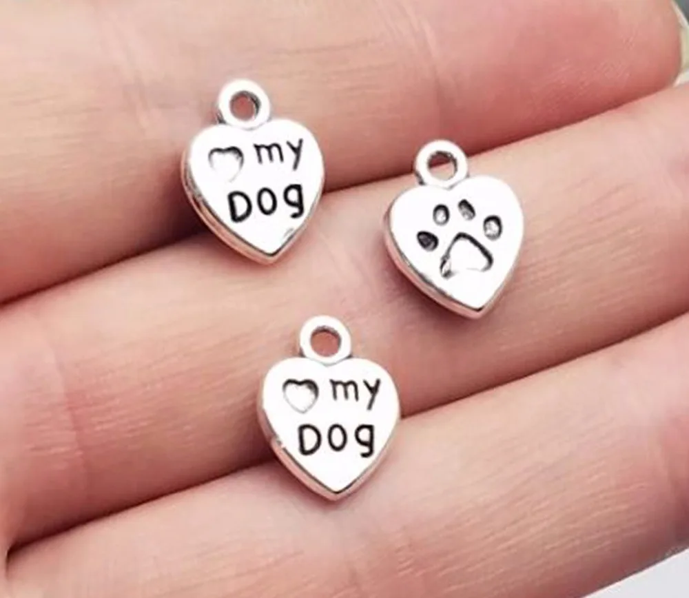 50pcs/lot--13x10mm Antique Silver Plated  Heart Shape Pendants Love My Dog With Paw Charms DIY Supplies Jewelry Accessories