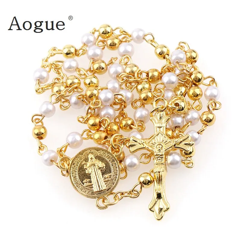 4mm Catholic Rosary  Metal And Pearl Beads Necklace Jewelry Religious Bead Blessed Virgin Mary With Jesus Cross