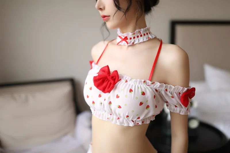 NEW 2019 Sexy Lingerie Cute Japanese Pink Maid Strawberry Cosplay Costumes Uniform Suit Hot Sex Play Erotic Women Temptation Set