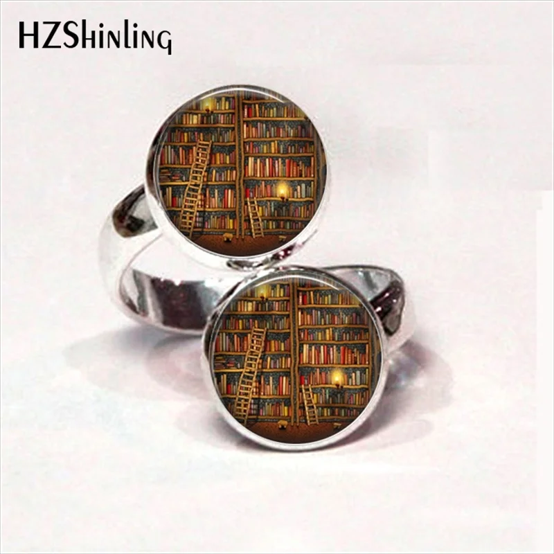 2017 New Arrival Library Book Two Ball Ring Vintage Style Glass Dome old Books Rings for Students Teachers and Librarians Gift