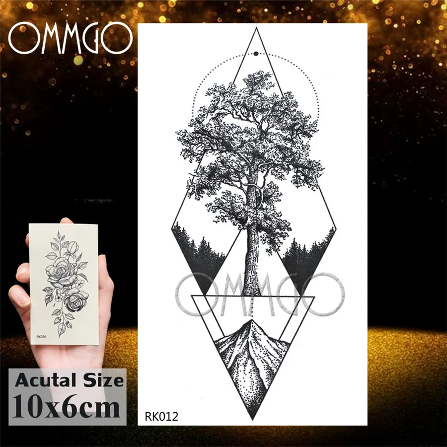 OMMGO Lampadina Albero di Pino Geometrica Temporary Tattoos Sticker Diamante Rotondo Su Ordinazione Del Tatuaggio Body Art Falso Tatuaggi Nero