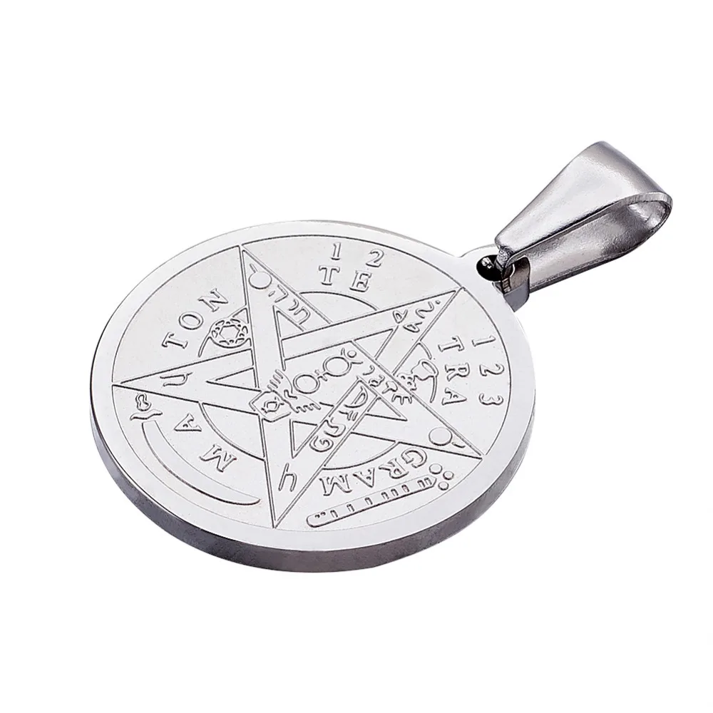 10pcs Religion Stainless Steel Charms Flat Round Carved Tetragrammaton Pentagram Wiccan Necklace Pendants DIY Jewelry Finding