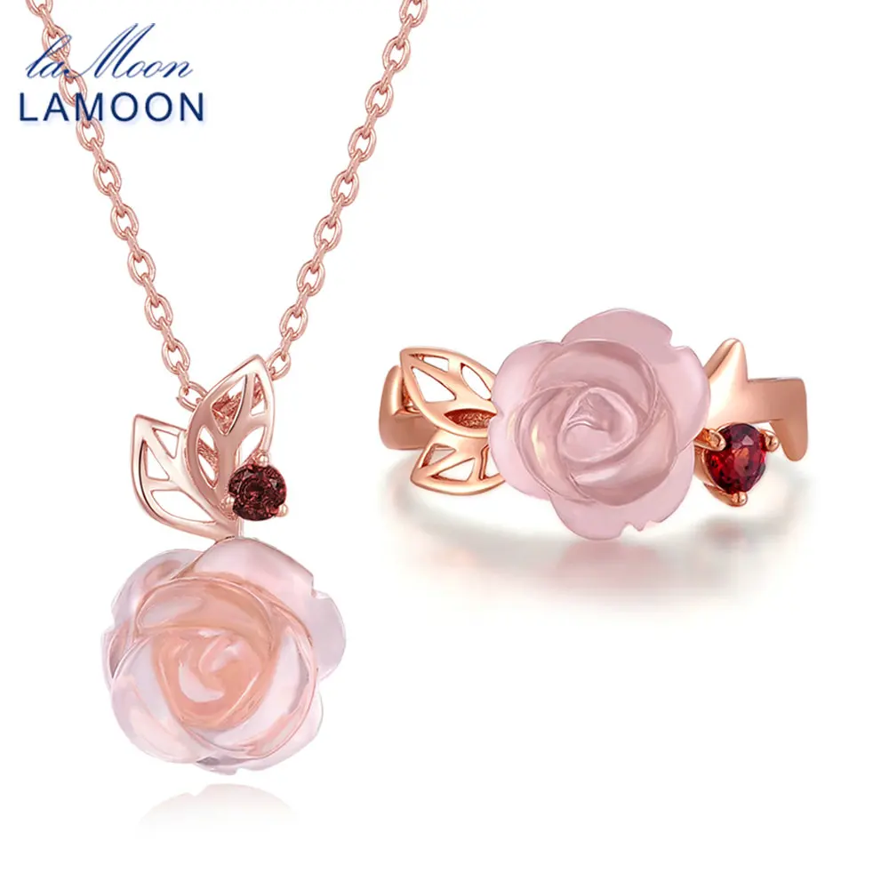 LAMOON FlowerRose Natural Pink Rose Quartz made with 925 Sterling Silver Jewelry  Jewelry Set V033-3