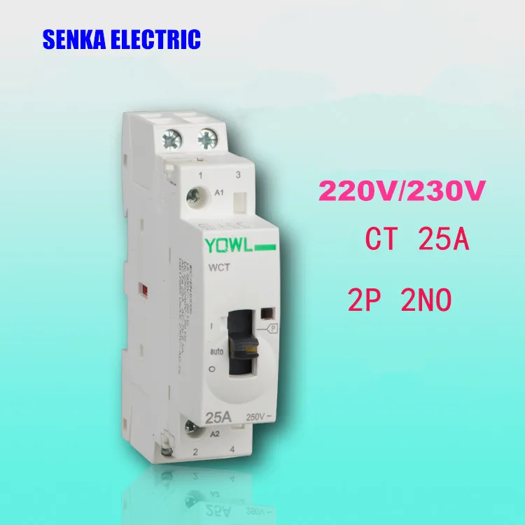 2P 25A 2NO 220V/230V 50/60HZ Household 35mm Din rail Modular Manual Control AC Contactor CT1