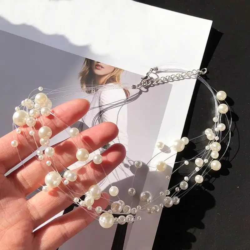 Multi-layer Wedding Statement Necklace Women Fashion Simulated Pearl Jewelry Party Invisible Line Choker Korean Maxi Colar Bijou