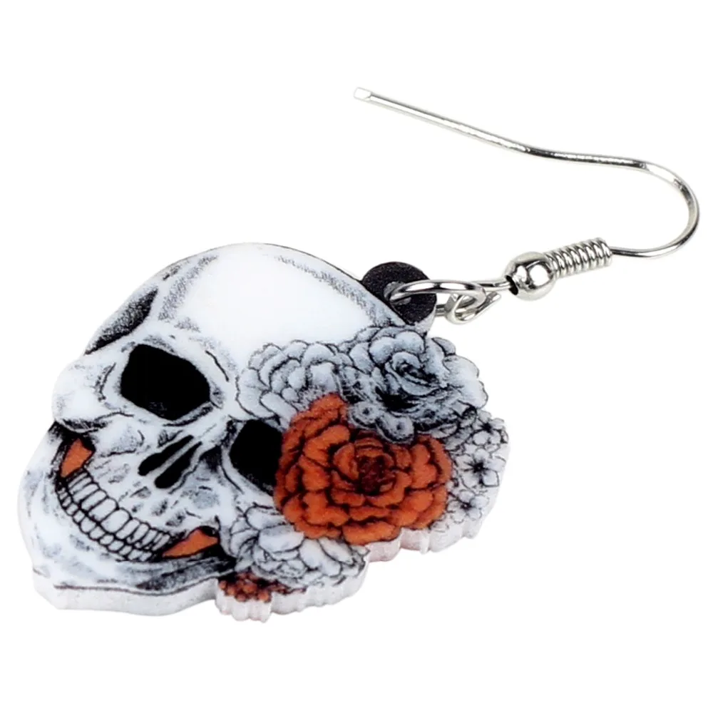 Bonsny Acrylic Halloween Rose Flower Skull Earrings Drop Dangle Big Long Fashion Punk Jewelry For Women Girls Ladies Accessories