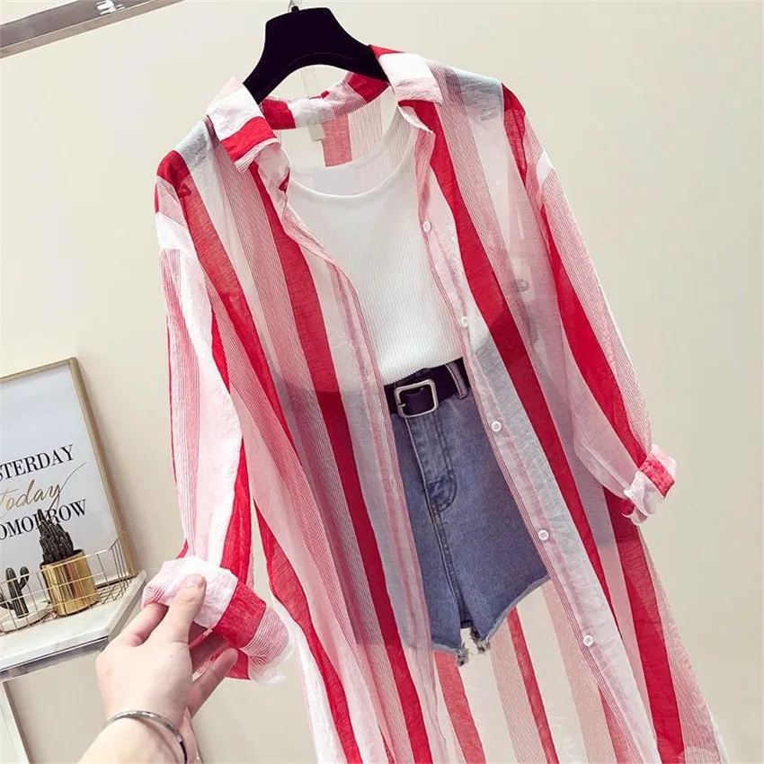 2019 Fashion Summer Loose Women Striped Cardigan Blouses Midi Long Lady Thin Sun Protection Clothing beach Shirts Holiday WZ794