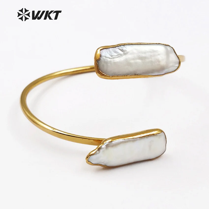 

WT-B405 Simple Design Double Irregular Freshwater Pearl With Gold Dipped Can Adjustable Bangle Women Fashion Jewelry