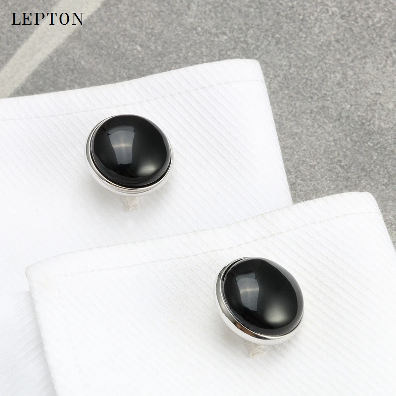 Low-key Luxury Black Onyx Cufflinks for Mens Business Lepton High Quality Gold Color Round Onyx Stone Cuff links Relojes gemelos