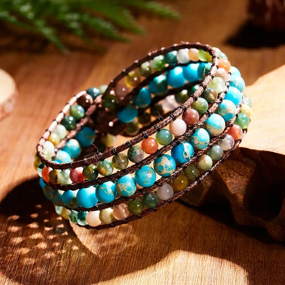 Vintage Braid Bracelets Natural Stone Round Beads Leather Wrap Bracelet for Women Men Multilayer Boho Bracelet Handmade Jewelry