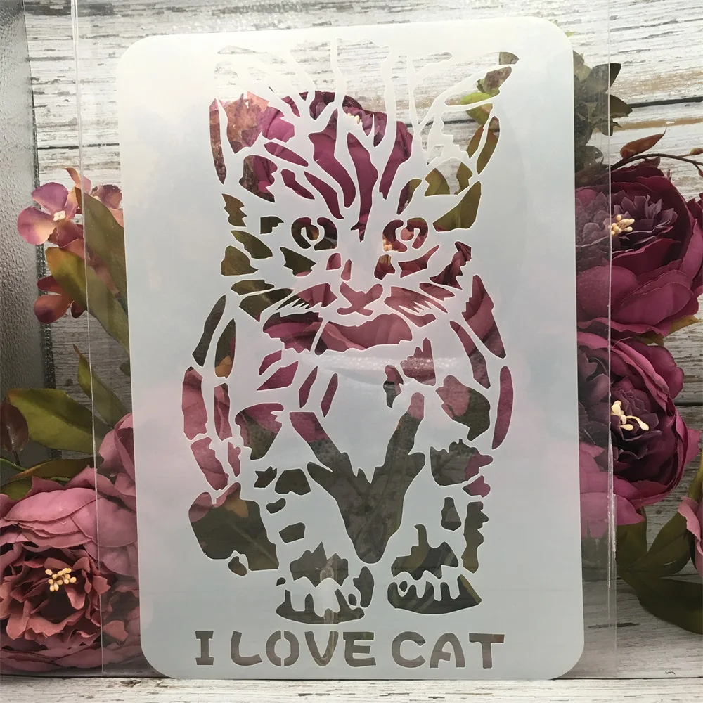 1Pcs 18*26cm Sit Down Cat Words DIY Layering Stencils Painting Scrapbook Coloring Embossing Album Decorative Card Template