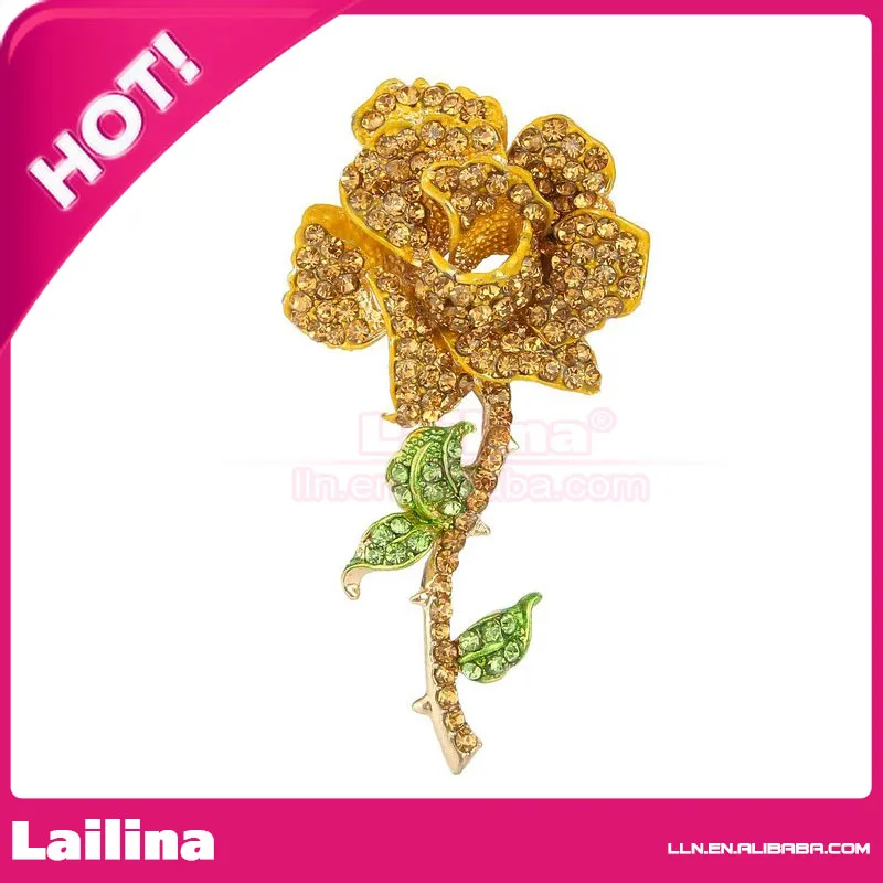 Crystal Romantic Rose Flower Leaves Prom Brooch Brown