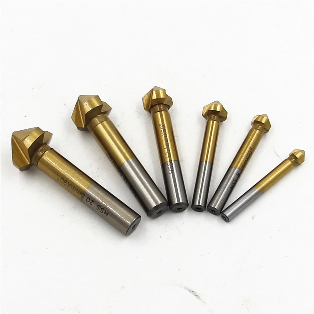 Broca avellanadora de vástago redondo, HSS, 3 flauta, metales duros, titanio, Chaflán de tres bordes, fresa de extremo de biselado, 6 unids/set
