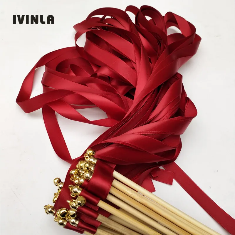 

50Pieces/Lot Bright Red ribbon wedding wands with gold bell Wedding Ribbon Stick,ribbon Twirling Streamers