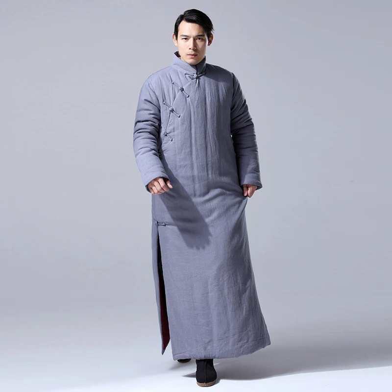 China Traditional winter men's Retro hemp cotton padded long gown Robe Chinese style thick loose Linen pourpoint Long Robe