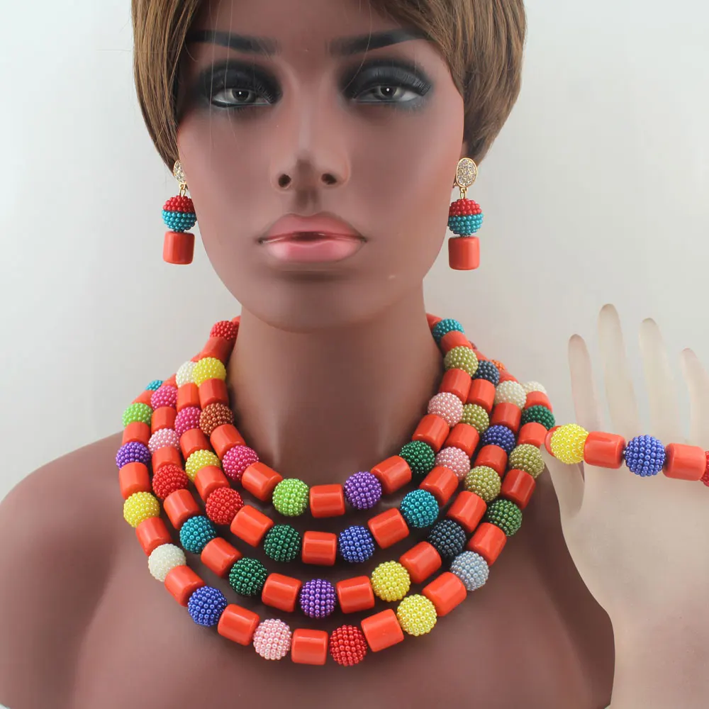 

New Nigerian Wedding African Coral Beads Jewelry Set African Costume Orange/Colorful Jewelry Sets Beads Free Shipping W13676