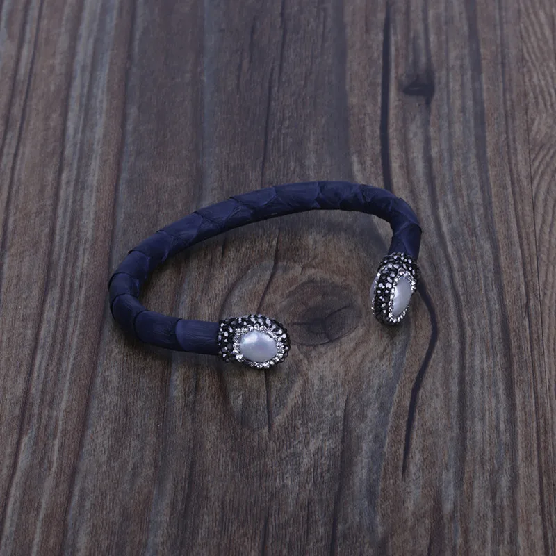 New Freshwater Pearl Bead Charm Pave Rhinestone Grey Rose Dark Blue Real Leather Adjustable Wrap Open Bangle Bracelet Cuff Women