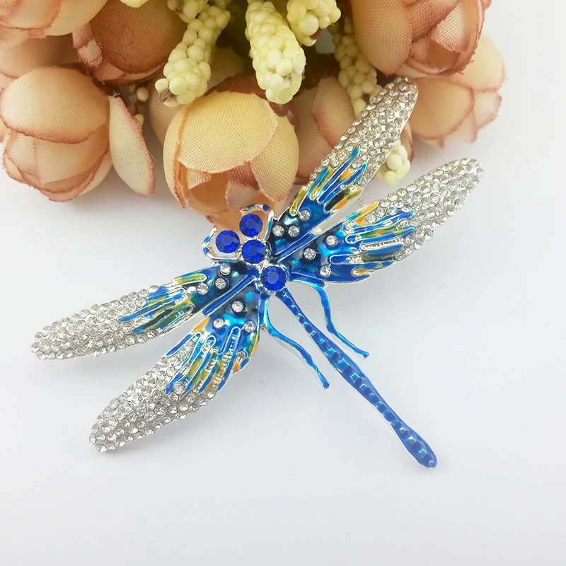 

70mm 100pcs/lot elegant blue silver tone dragonfly rhinestone enamel crystal brooch pins for women dress jewelry decoration