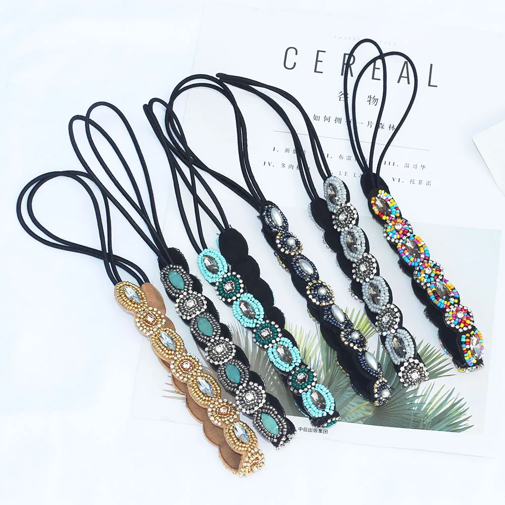 Ethnic Turquoise Handmade Beads Flower Rhinestone Headband Women Girl Elastic Wedding Hairbands Hair Accessories Bridal Top Sale