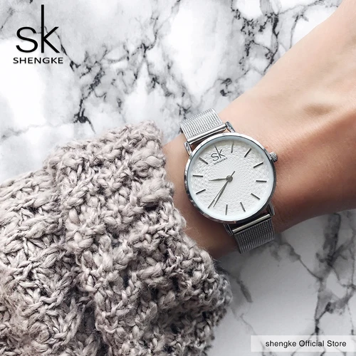 Relojes SK Super Slim de malla plateada de acero inoxidable para mujer, reloj informal de lujo de marca superior, reloj de pulsera para mujer, reloj femenino