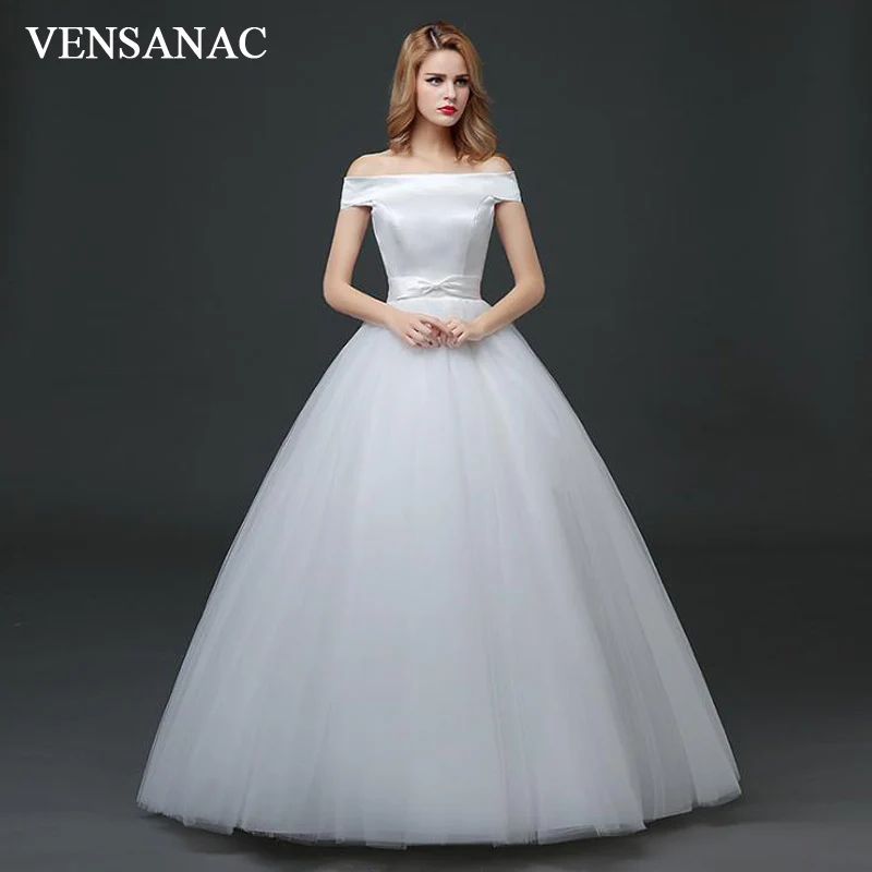 

VENSANAC Boat Neck Satin Bow Sash Ball Gown Wedding Dresses Plus Size Short Sleeve Tulle Backless Bridal Gowns