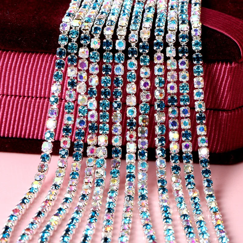 SS6 2mm 5yards/bag Multicolour Silver Base Sew on Rhinestones Chain For Needlework, Diy Clothing Accessories YHSS6