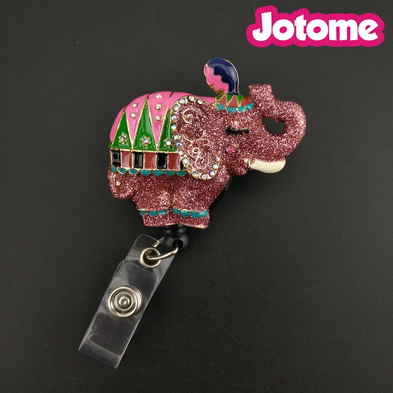 100PCS/Lot Glitter Pink Enamel Elephant Animal Nurse Brooch Retractable ID Badge Reel/ ID Badge Holder