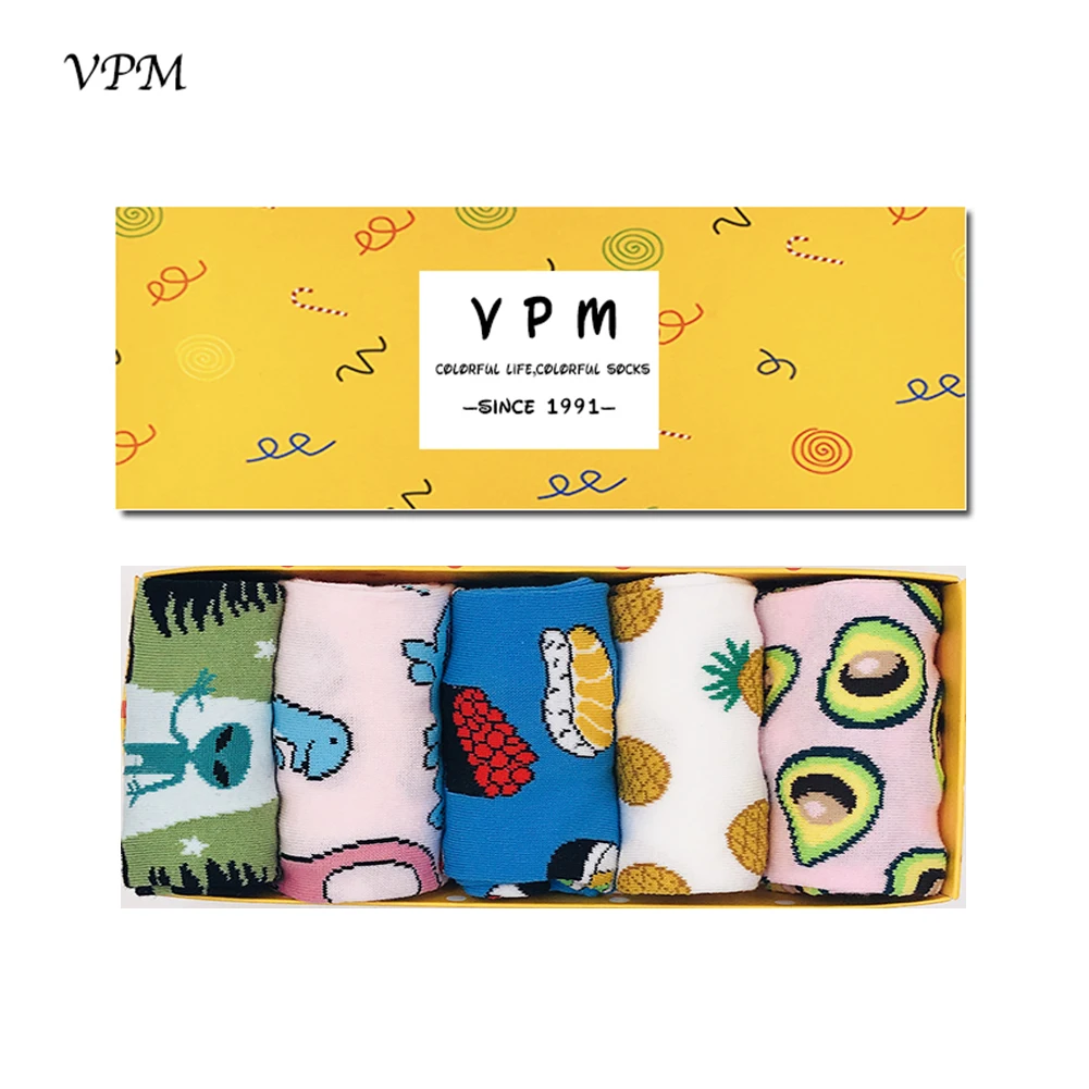 

VPM Women's Dress Socks Colorful Cartoon Funny Dinosaur Alien Sushi Pineapple Avocado Christmas Sock for Girl 5 Pairs/Lot