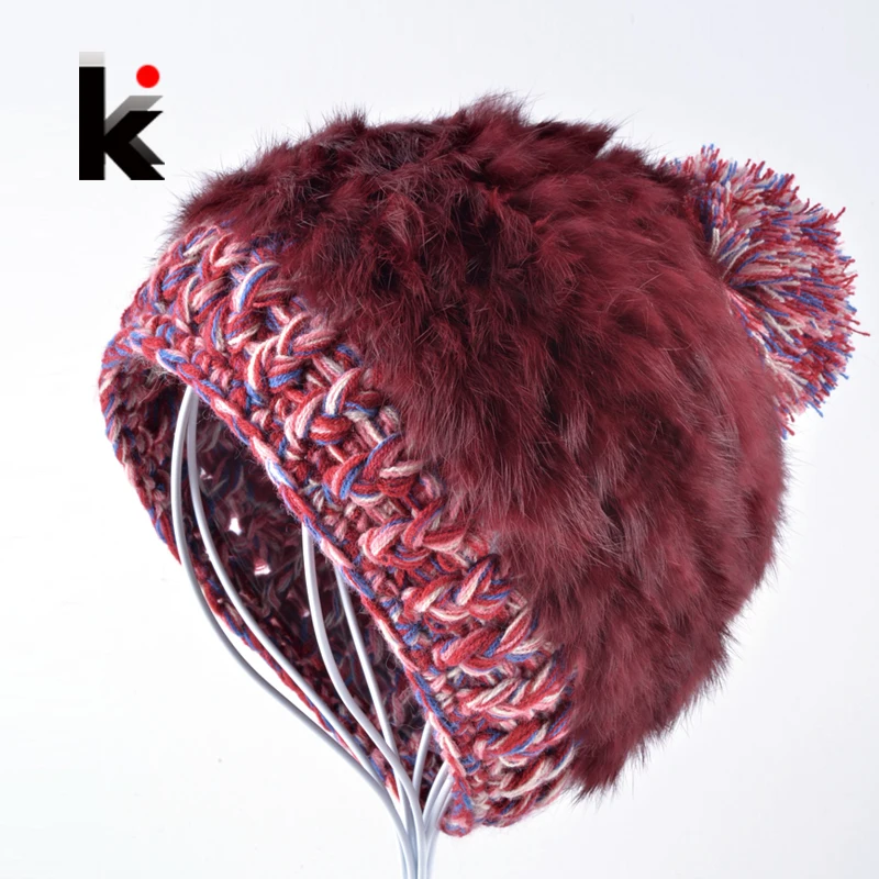 

2018 Fashion women's rabbit fur winter beanie hat knitted skis cap female thick warm wool beanies caps rex hats for women