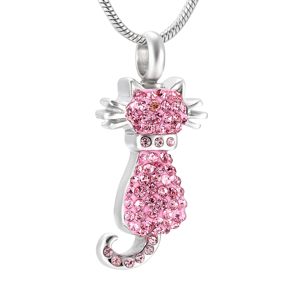 IJD9921 Shining Crystal Cat Cremation Urn Pendant Women Charm Wholesale Stainless Steel Funeral Keepsake Ashes Necklace for Pet