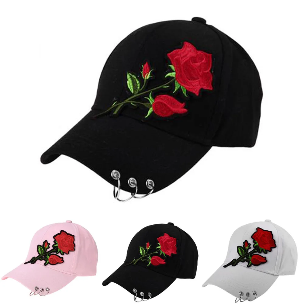 Frauen Männer Hip Hop Kpop Hysterese Baseball Kappe Große Rose Blume Mit Ringe Sport Tanzen Reise Papa Hut Caps Streetwear einstellbar