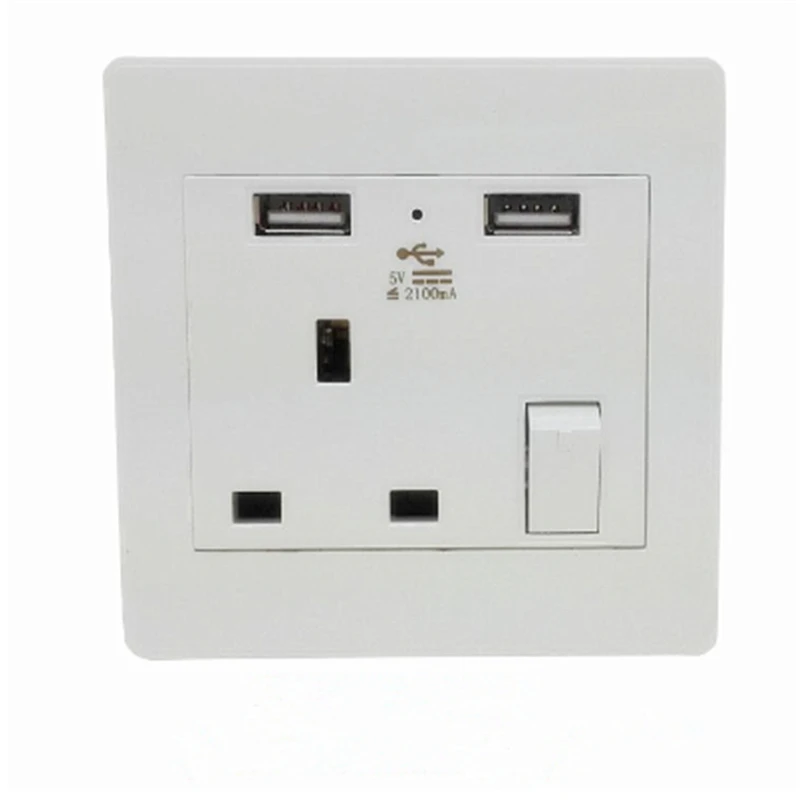 

White 2 USB Wall Socket UK Plug Switch Power Supply Plate 2100mA Charger Home Socket Singapore, Hong Kong, Malaysia, UK