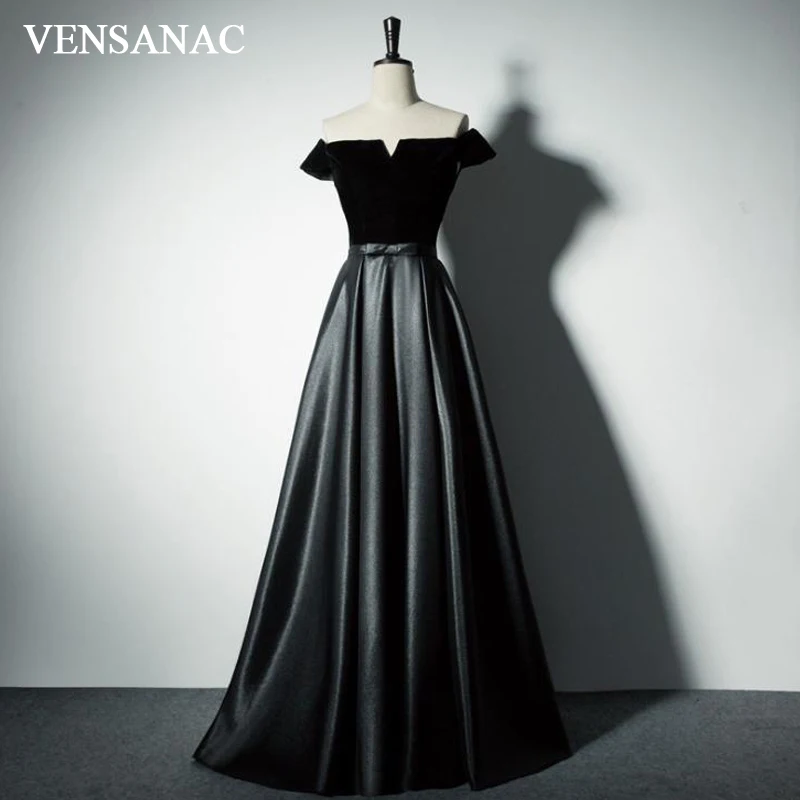 

VENSANAC 2018 Elegant A Line Boat Neck Draped Long Evening Dresses Bow Sash Off The Shoulder Satin Party Prom Gowns